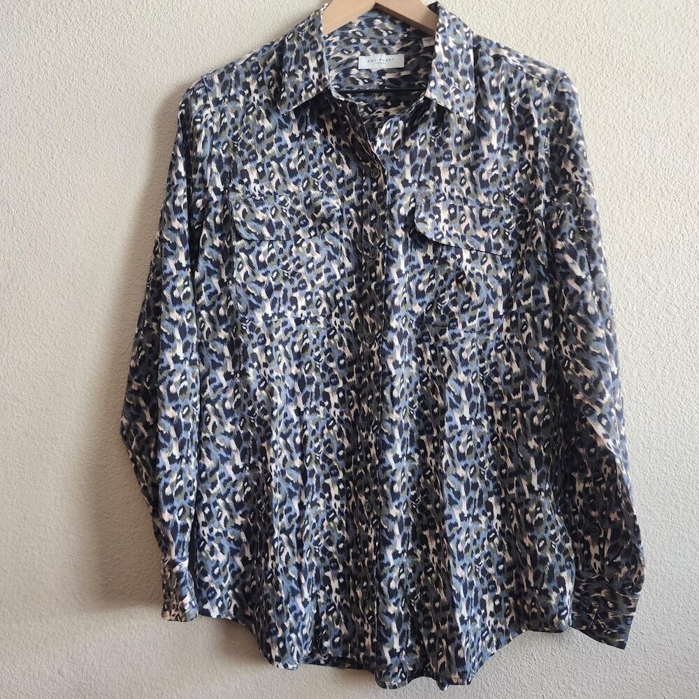 Equipment Femme Shirt Womens Medium Blue Green Leopard Print Silk Button Up Top